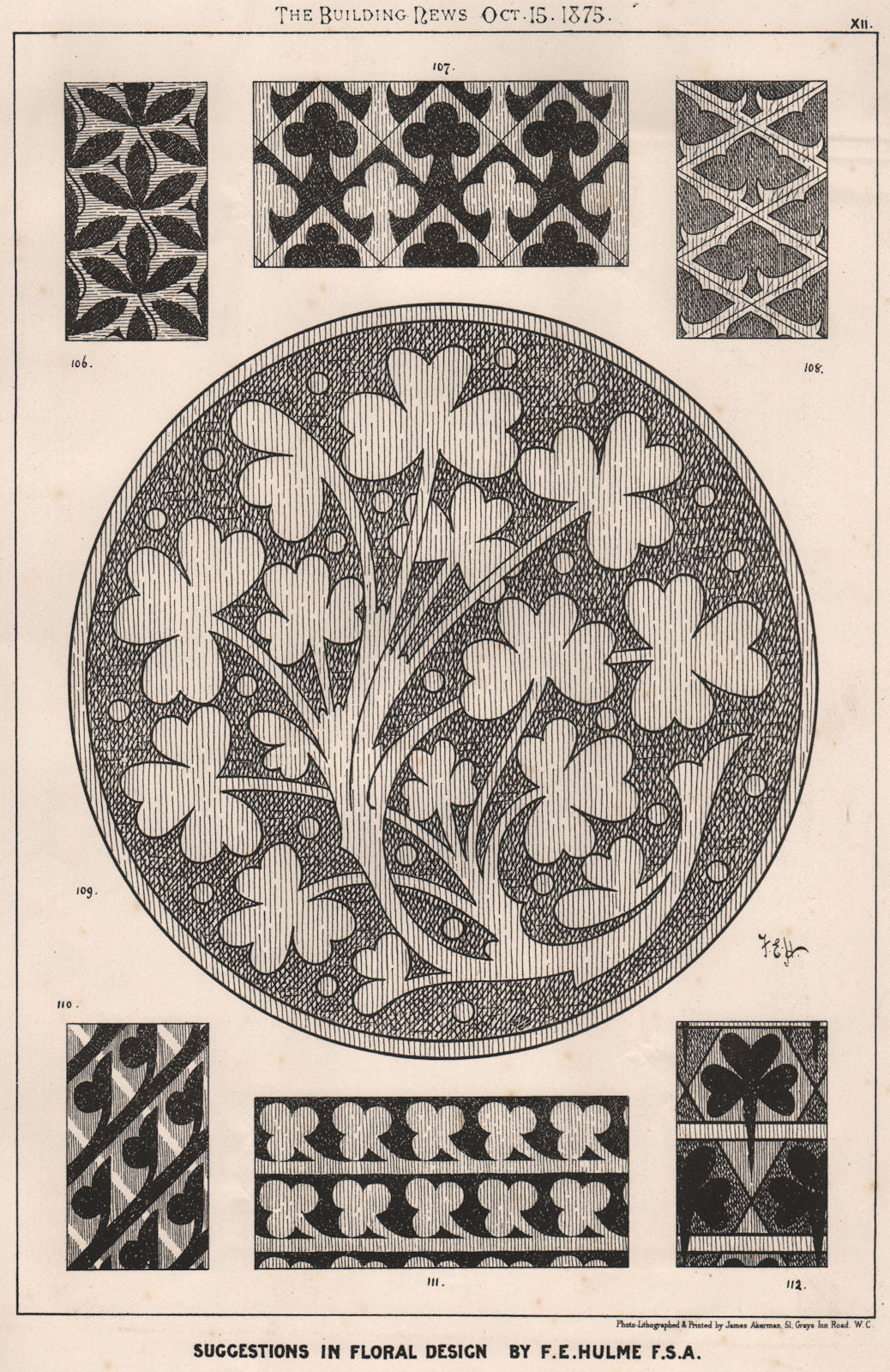 Suggestions in Floral; Design by F.E. Hulme F.S.A. Decorative 1875 old print